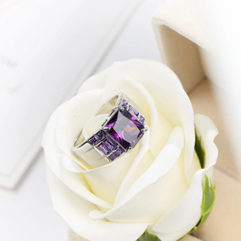 Qevila Hot Fashion Natural Amethyst Gemstones Ring Plated White Gold Handmade Engagement Party Rings for Women Men Jewelry Gifts Boho (4)