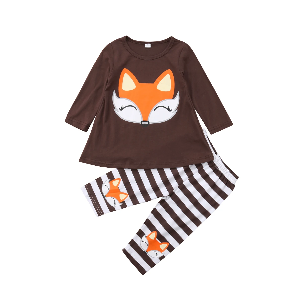 

Kids Baby Girl Fox Long Sleeve T Shirt Top+Striped Leggings Outfit Clothes Set Autumn Cartoon Tracksuit Set