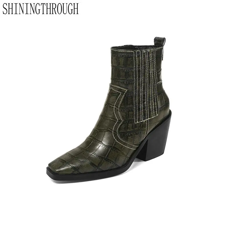 

2020 New Winter Slip On Fashion Shoes Retro Square Toe PU Leather Ankle Boots Sewing Blackish-green Short Boots Size 34-43