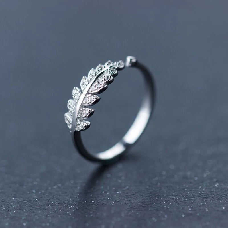 

SMJEL New Silver Zirconia Crystal Feather Rings Women Anllios Crystal Stone Leafs Rings Adjustable Ring Engagement Ring SYJZ007