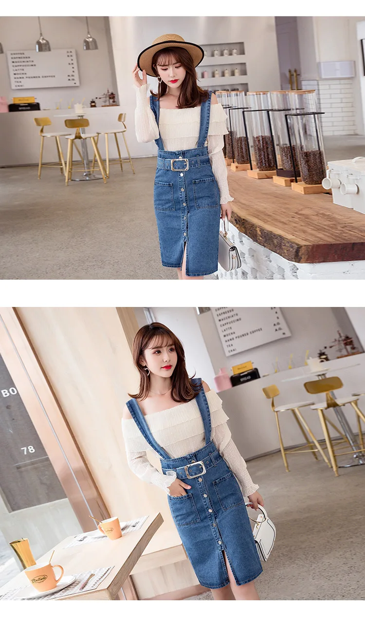 Women'S Skirt High Waist Suspender Denim Skirts With Sashes Spring Summer Elastic Student Jumper Overall Skirts Female