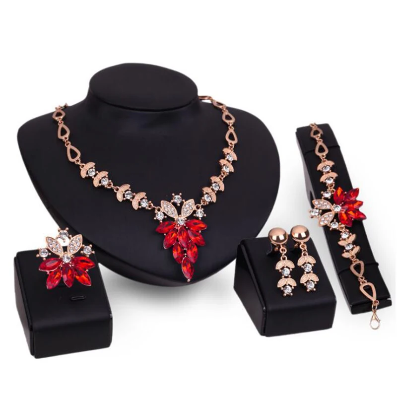 Модный женский свадебный браслет ожерелье комплект ювелирных изделий прозрачные хрустальные стразы кольцо серьги красные белые ювелирные наборы - Окраска металла: Red