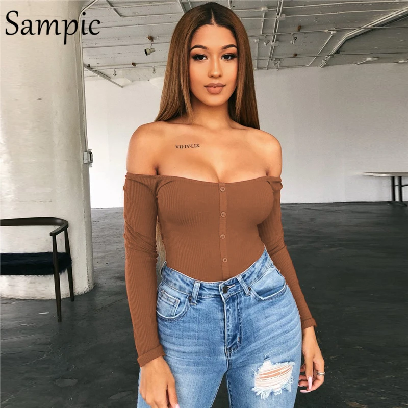 

Sampic sexy woman casual high waist off shoulder skinny bodysuit tops long sleeve button party club bodysuit autumn 2019