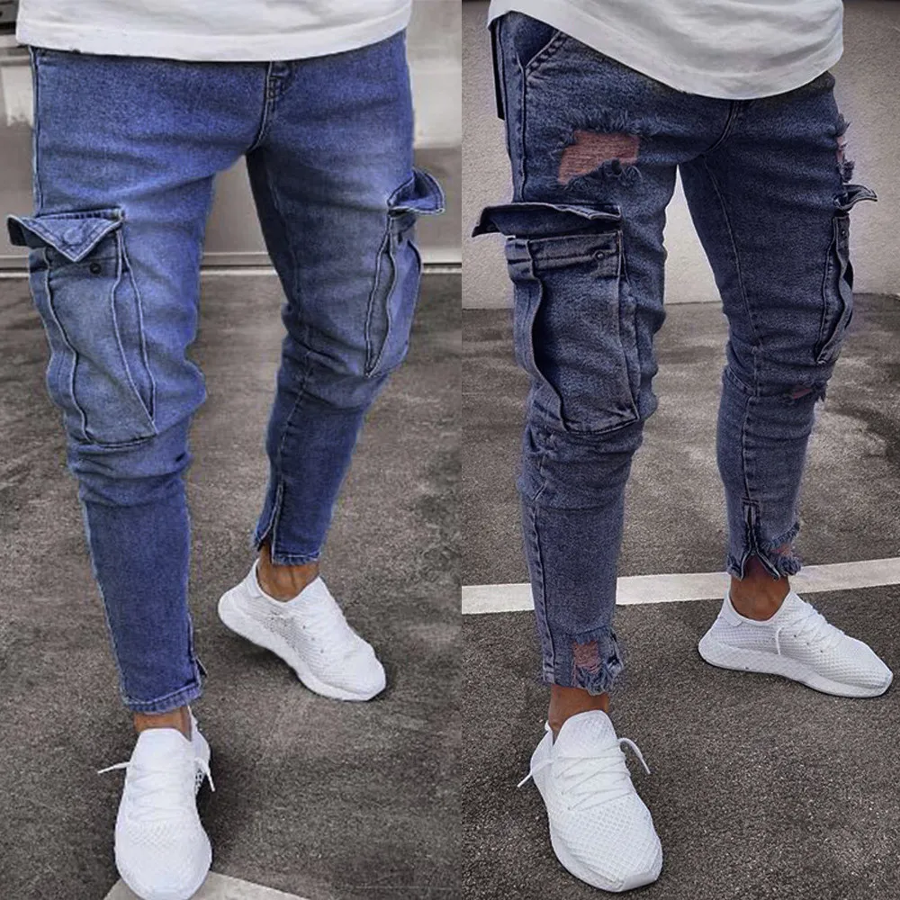 

2018 New Plus Size S-5XL Black Grey Stretch Slim Fit Jeans Men Hi-Street Mens Distressed Denim Knee hole zipper Jeans