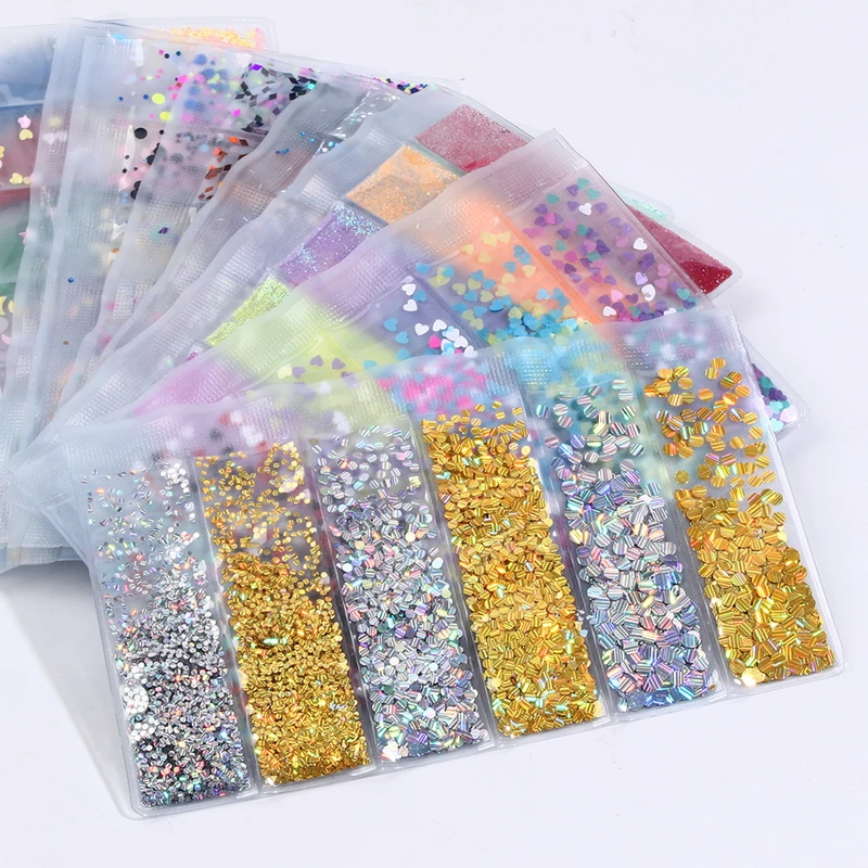 6 Patterns/Bag Holographic Glitter Shining Nail Sequins Mixed Size Crystal Clear AB Non Hotfix Flatback Rhinestones For Nail