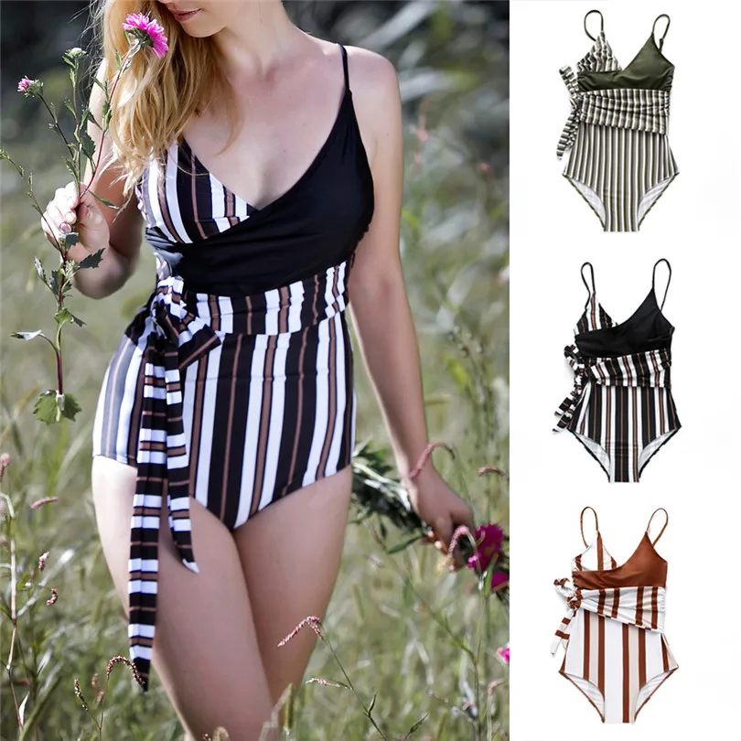 

WATER PRINCESS Women Striped Push-Up Pad Bandage One-Piece Swimwear Bathing Swimsuit Beachwear bathing suit for woman A30