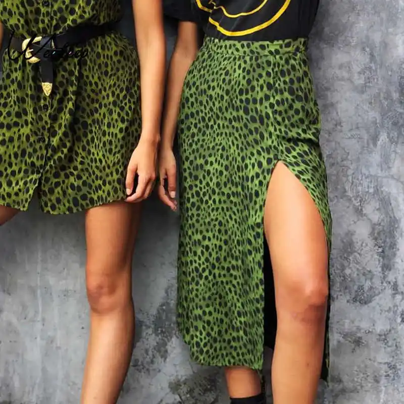 

Weekeep High Split Green Leopard Skirt Women Elegant High Street Skirt Women