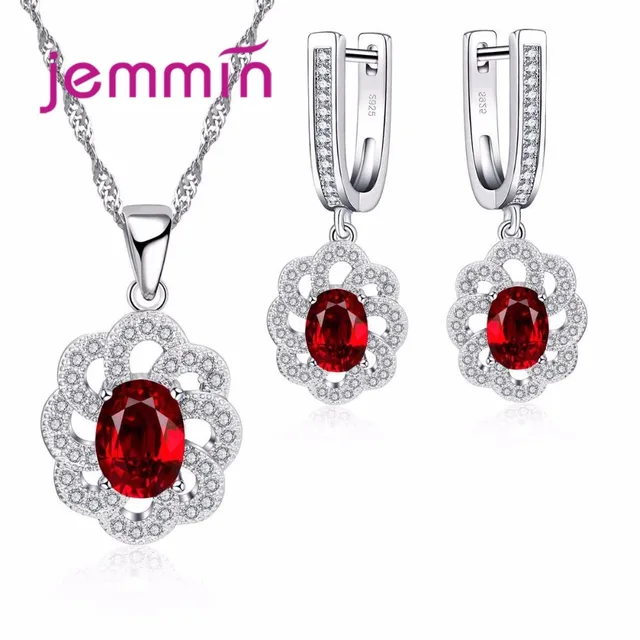 Jemmin Fine 925 Silver Jewellery Sets Wedding Ruby Necklace Earrings Jemmin Fine 925 Silver Jewellery Sets Wedding Ruby Necklace Earrings For Brides Flower Hollow Out Engagement