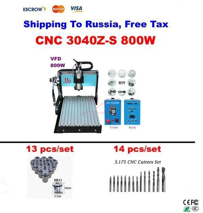 

No Tax free ship to Russia! 800W limit switch 3040Z-S CNC milling Machine lathe milling with+ Tool bits 14pcs + collet 13pcs