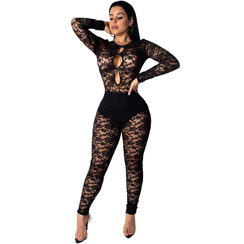 

LSZYOWS Black Floral Lace See Through Jumpsuit Rompers Women Long Sleeve Hollow Out Night Club Party Skinny Jumpsuit Sexy Outfit