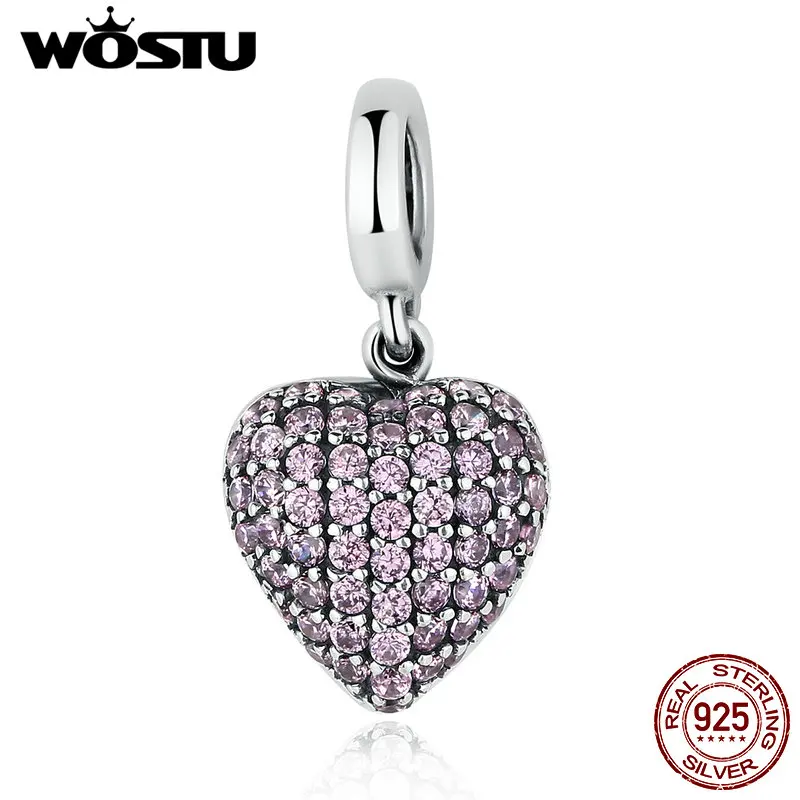 

925 Sterling Silver Sweet Love Heart Dangle Charm With Pink CZ Fit Original WST Bracelet Pendant Authentic DIY Jewelry Gift