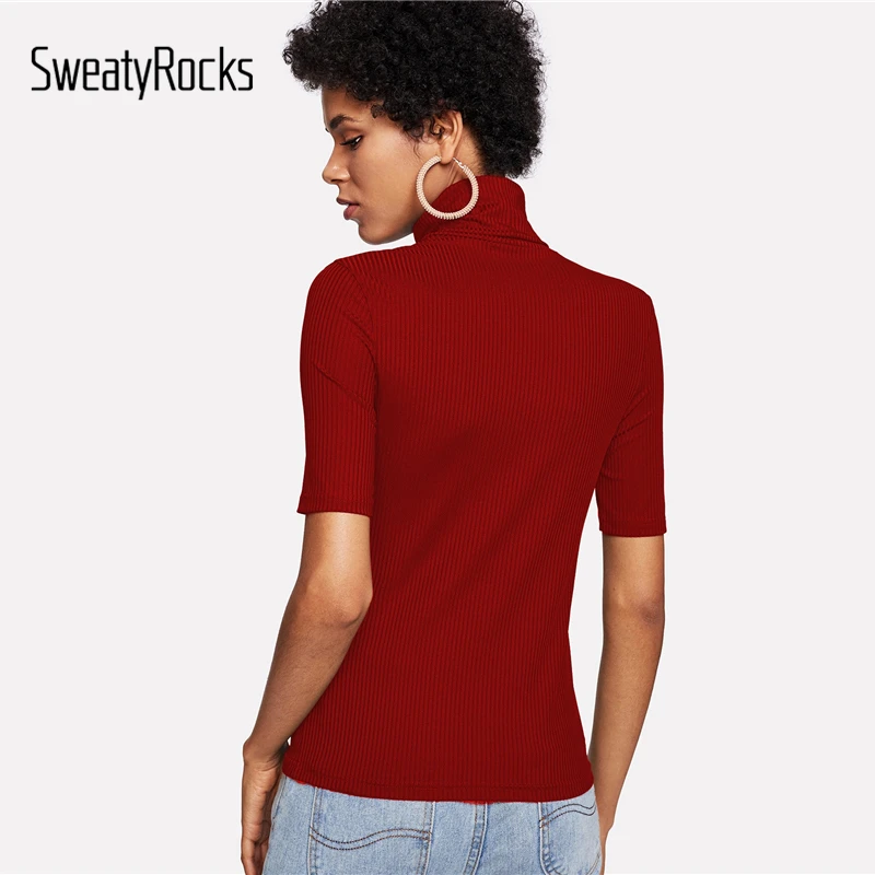 SweatyRocks, высокая горловина, одноцветная, ребристая, трикотажная футболка, короткий рукав, Ретро стиль, Femme, пуловеры, рубашки,, летние, тонкие, женские футболки, топы