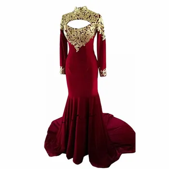 

Sexy Backless Burgundy Gold Lace Muslim Evening Dresses Long Sleeve Abiye Gece Elbisesi Mermaid African Prom Party Dress Courte
