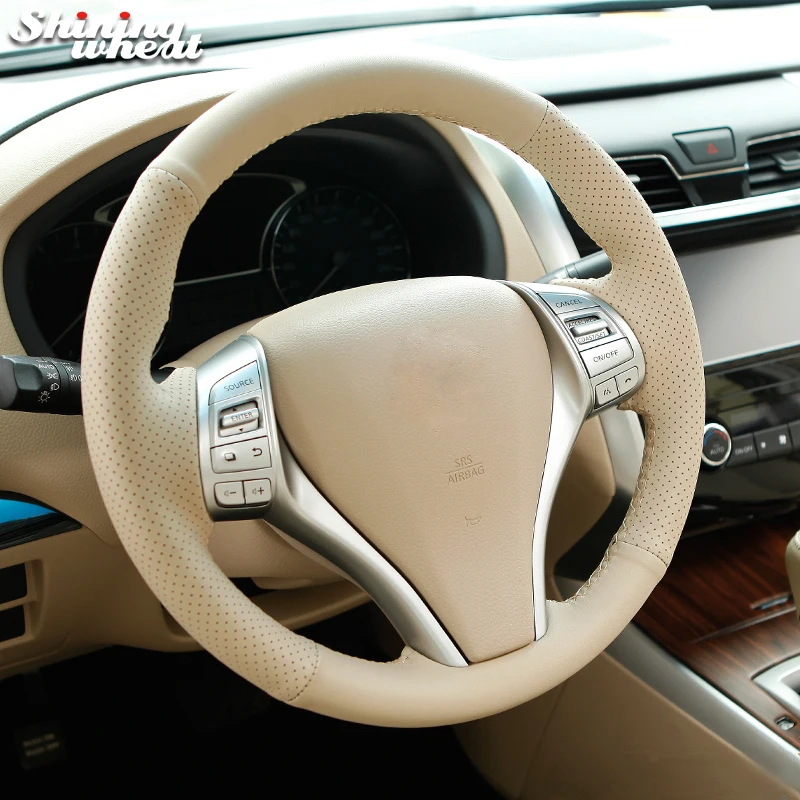 Shining wheat Beige Genuine leather Steering Wheel Cover for Nissan