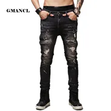 Высокое качество, мужские рваные байкерские джинсы, хлопок, черные обтягивающие облегающие мотоциклетные джинсы, Мужские Винтажные рваные джинсовые штаны для бега Q1566