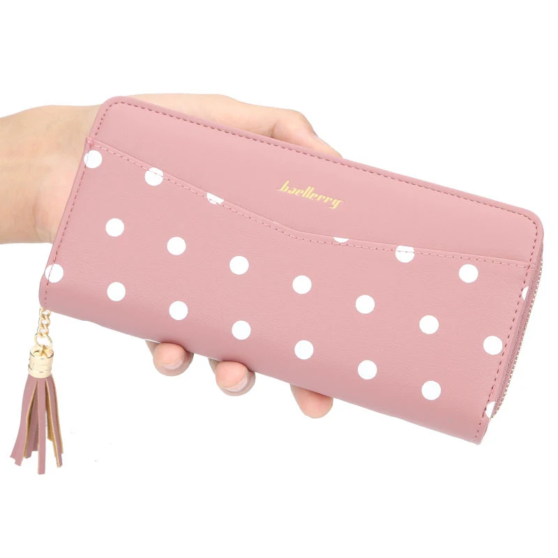 

2019 Designer Handbag Tassel Wallet Pink Long Section PU Leather Purse Zipper Wallet Credit Card Holder Polka Dot Purse