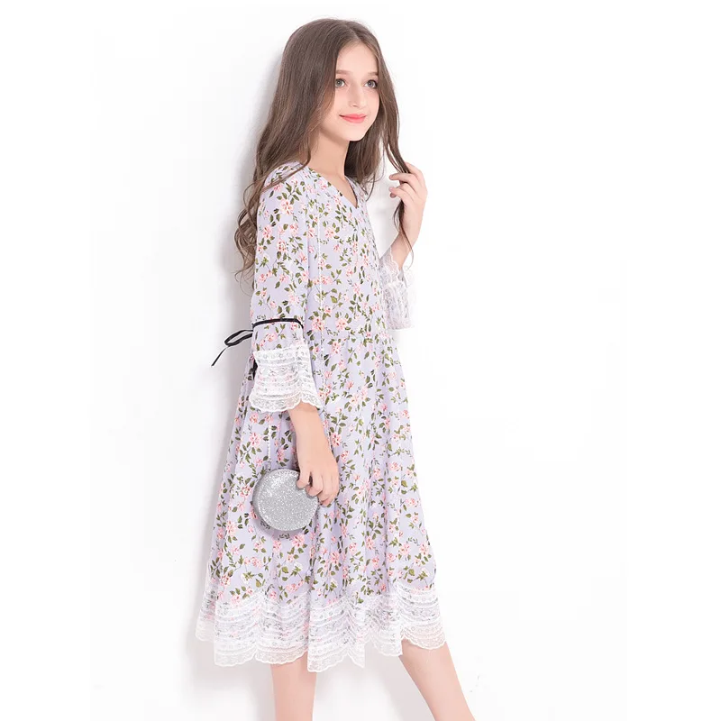 

Girls Chiffon Dress Long Sleeve Autumn Dress Flower Print Lace Dress Teenage Girls Clothing 10 12 14 years