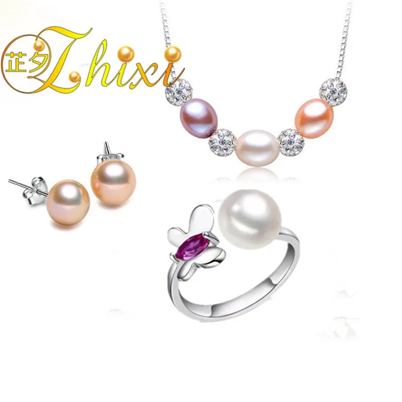

ZHIXI Pearl Jewelry Sets For Women 925 Sterling Silver Jewelry Pearl Necklace Pendant Earrings Ring Trendy Gift Butterfly Tc1003
