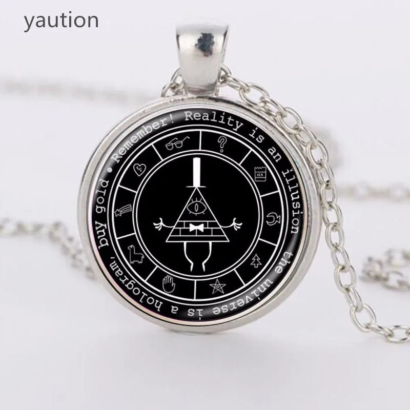

Gravity Falls Mysteries Logo Necklace Pendant Bill Cipher Wheel Silver Art Handmade Vintage Gift Necklace for Kids