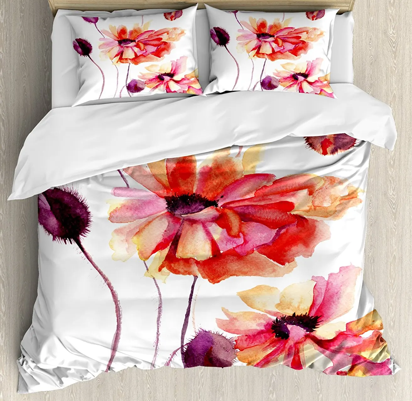 

Floral Duvet Cover Set Watercolor Painting Poppy Flowers and Buds Artistic Spring Nature Design Decorative 4 Piece Bedding Set