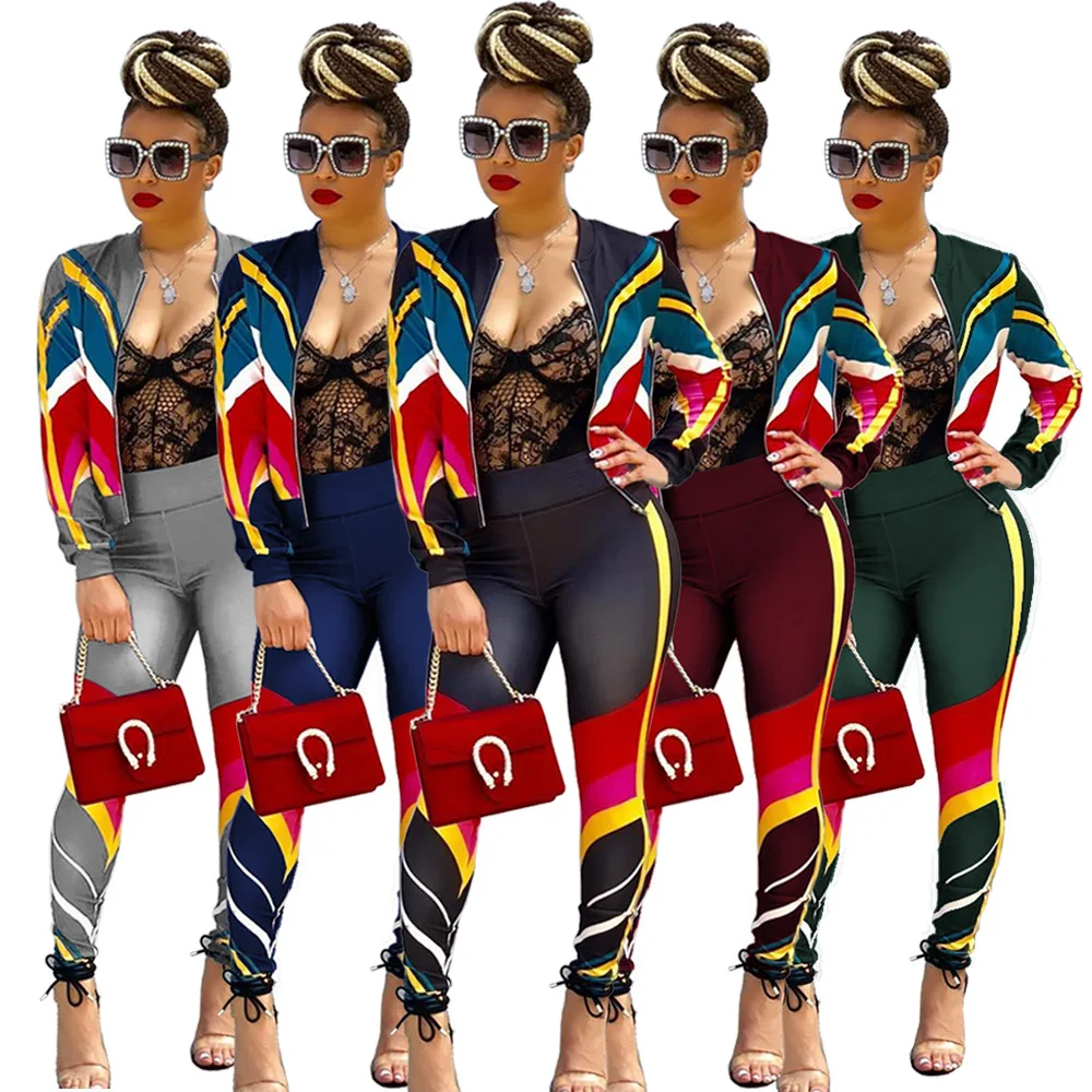 Women Sets Set Warm Ladies letter Tracksuit 2pcs Tops Pants Suit Female sexy stripe sport two-piece | Женская одежда