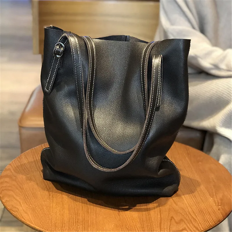 

High quality Genuine Leather Large Capacity Women Tote Bag Composite Bag Solid Color Soft Top-handle shoulder bag