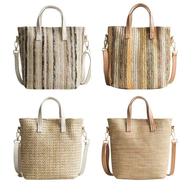 

Summer Women Durable Weave Straw Beach Bags Feminine Linen Woven Bucket Bag Casual Tote Handbags Knitting Rattan Shoulder Bags