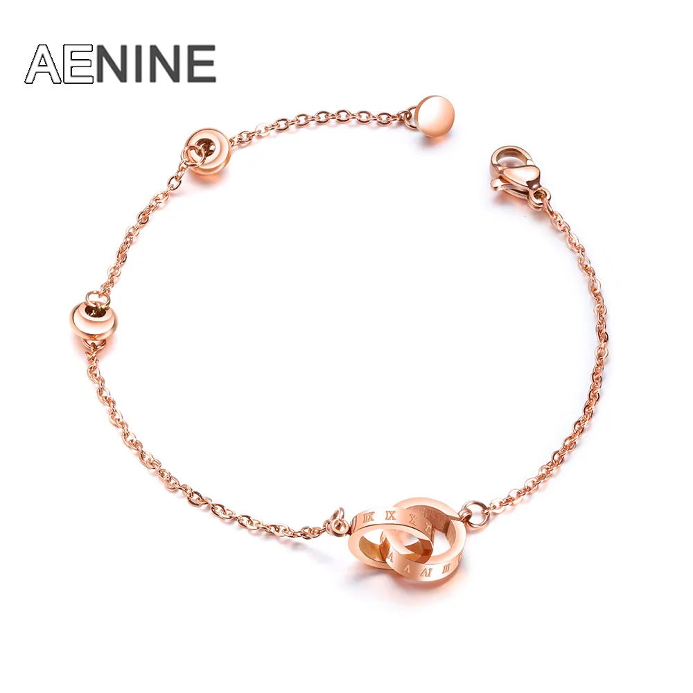 

AENINE Roman Numeral Double Circle Titanium Steel Plated Rose Gold Color Chain & Link Bracelet For Women OGS908