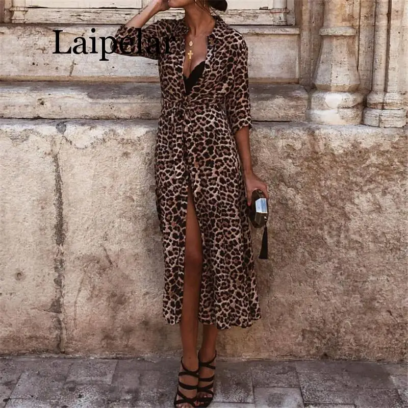 Women Dress Autumn Ladies Leopard Print Dresses Sexy Women V Neck Long Sleeve Midi Dress Womens Dresses Fall Evening Party