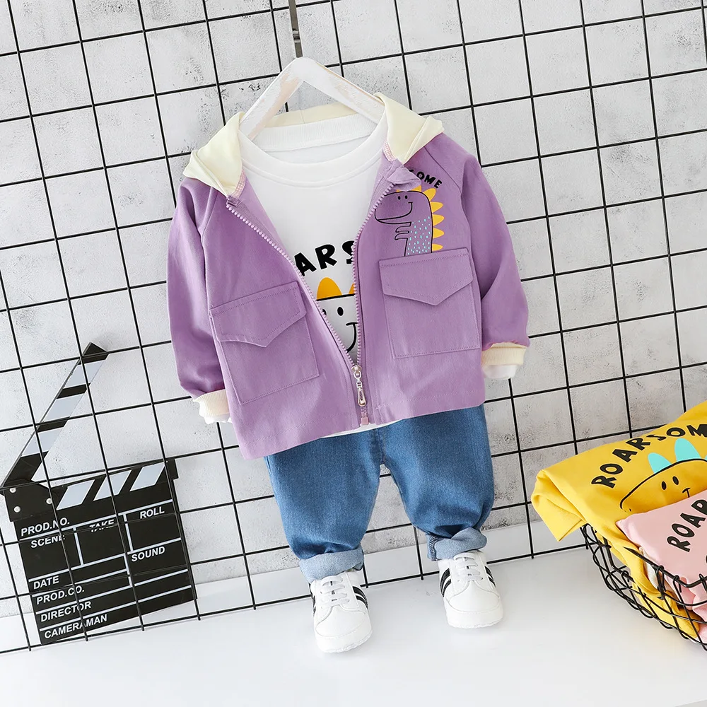 Г. Комплекты осенней одежды для детей комплекты одежды для маленьких мальчиков и девочек пальто с капюшоном для малышей с героями мультфильмов футболка и штаны костюм для младенцев из 3 предметов - Цвет: BO long3F Purple