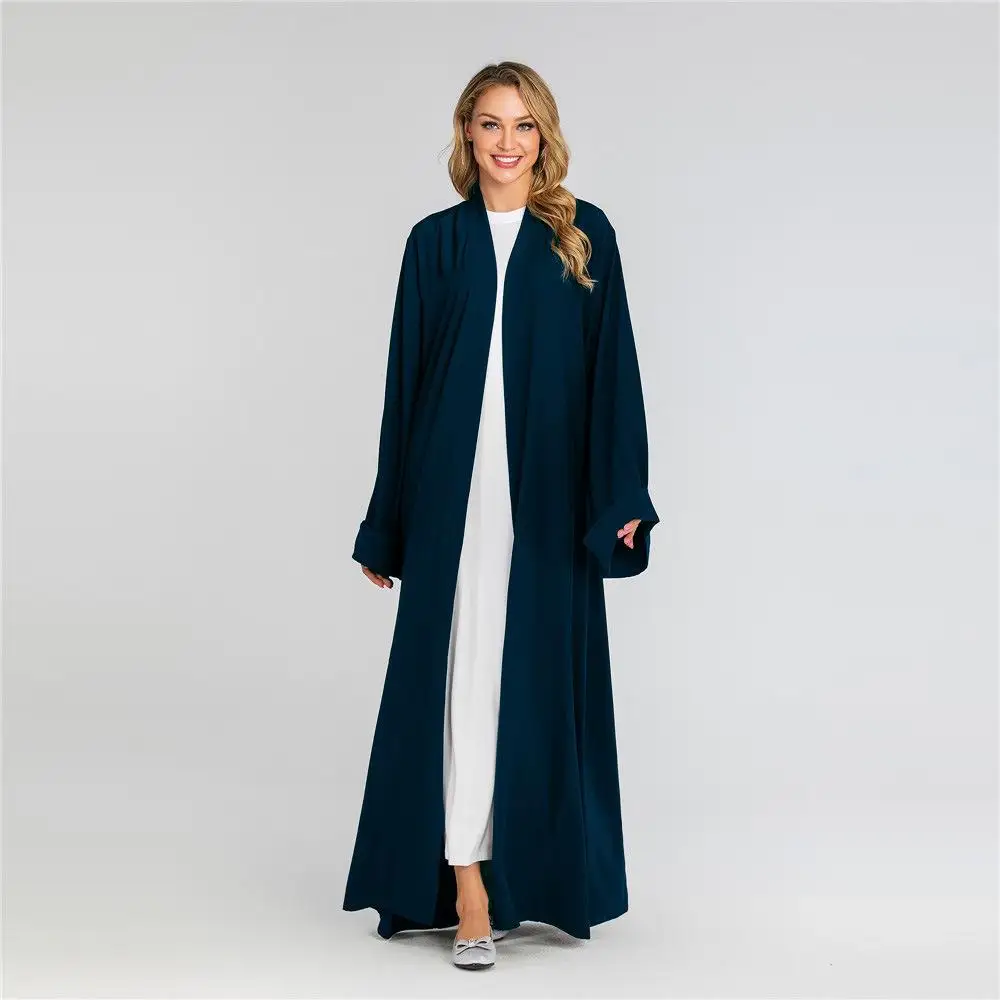 New Open Front Cardigan Dubai Kimono Abaya Maxi Dress Muslim For Women Solid Color Long Sleeve Arab Robe Gown Middle East Dress - Цвет: Dark Blue