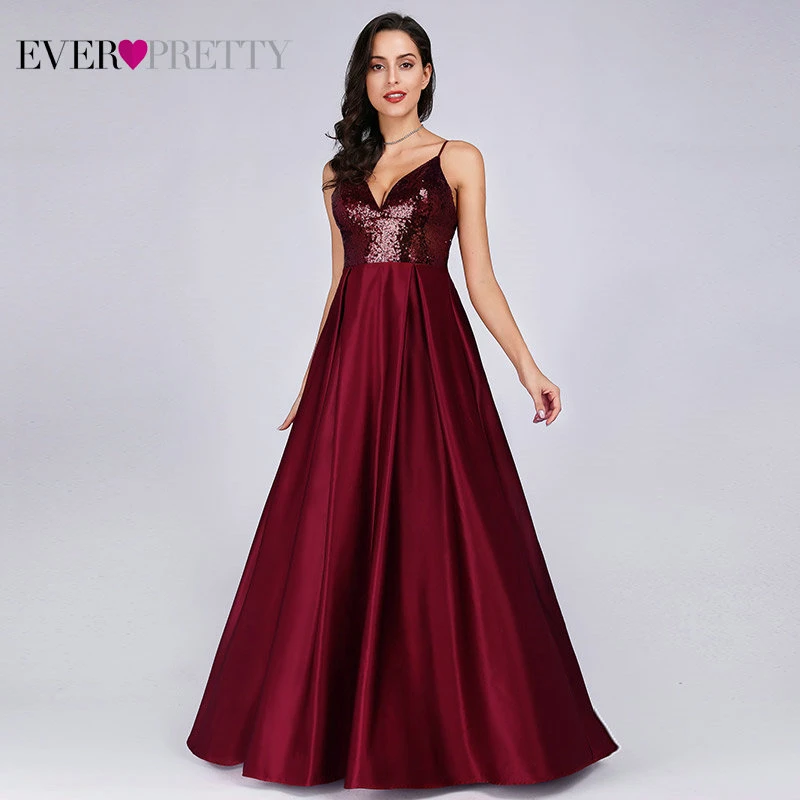 Длинные атласные платья Ever Pretty, красное вечернее платье с V-образным вырезом, пайетками, открытой спиной, для выпускного, EP07859, весна-лето - Цвет: EP07859BD