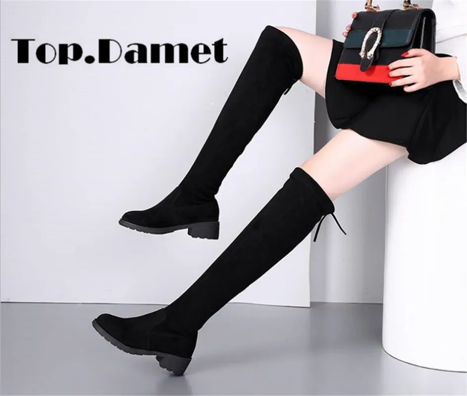 Top. Damet/женские ботфорты выше колена осенне зимние высокие сапоги из флока черного