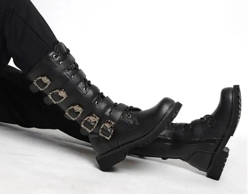 Армейские ботинки; мужские высокие военные ботинки с металлической пряжкой в стиле панк; мужские мотоциклетные ботинки до середины икры; мужская обувь на шнуровке в стиле рок