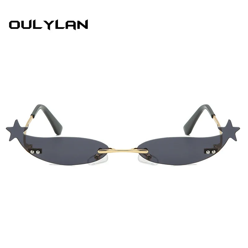 Oulylan, маленькие солнцезащитные очки без оправы, женские Винтажные Солнцезащитные очки «кошачий глаз», Ретро стиль, женские узкие зеркальные линзы, металлическая оправа, солнцезащитные очки UV400