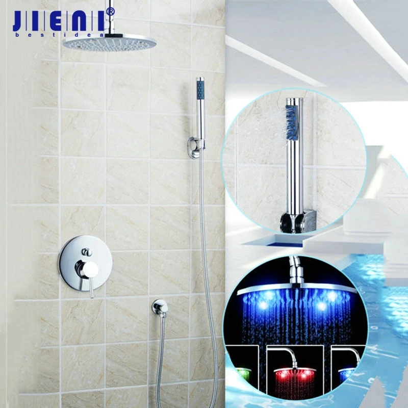 Us 89 65 26 Off Soild Brass Led Light Chrome 8 Inch Abs Shower Head Valve Hand Spray Hook Hose Bathtub Sink Set Tap Mixer Faucet In