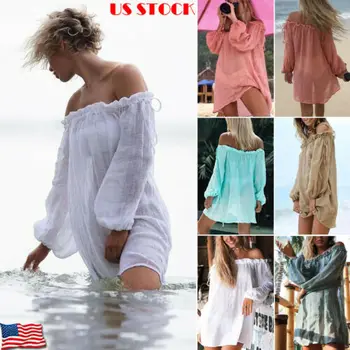 

2019 Womens Off Shoulder White Long Sleeve Sunsreen Beach Wear Bikini Cover Up Beachwear Swimwear Kaftan Ladies Summer Dress