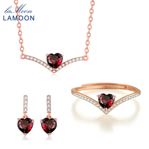 Стерлинговое серебро 925, ювелирный набор для женщин, огранка в виде сердца, красный гранат, драгоценный камень, 18 К, Розовая позолота, хорошее ювелирное изделие, V004-1 - Цвет камня: 3PCS