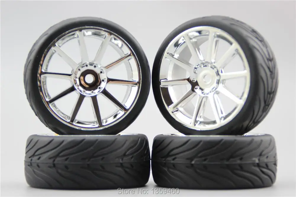 4pcs RC 1/10 Soft Rubber On Road Car Tire Tyre Wheel Rim W10S1C 0mm Offset(Chrome) 10486+Rubber | Игрушки и хобби