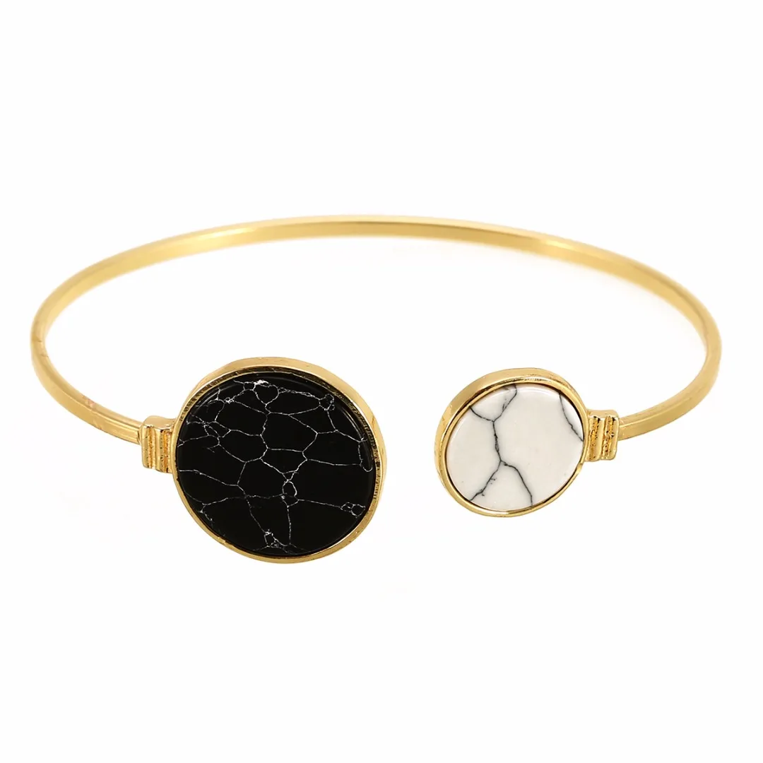 Простой белый черный искусственный мраморный камень круглый геометрический браслет золотой круг манжета браслет для женщин бижутерия