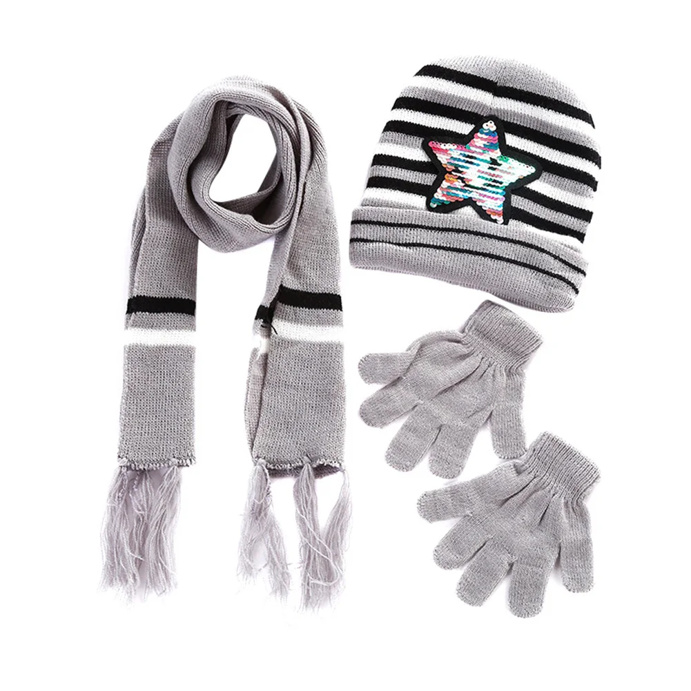 Дети зима теплая вязаная Круглая Шапочка шарф, перчатки набор блесток с рисунком пентаграммы BS88