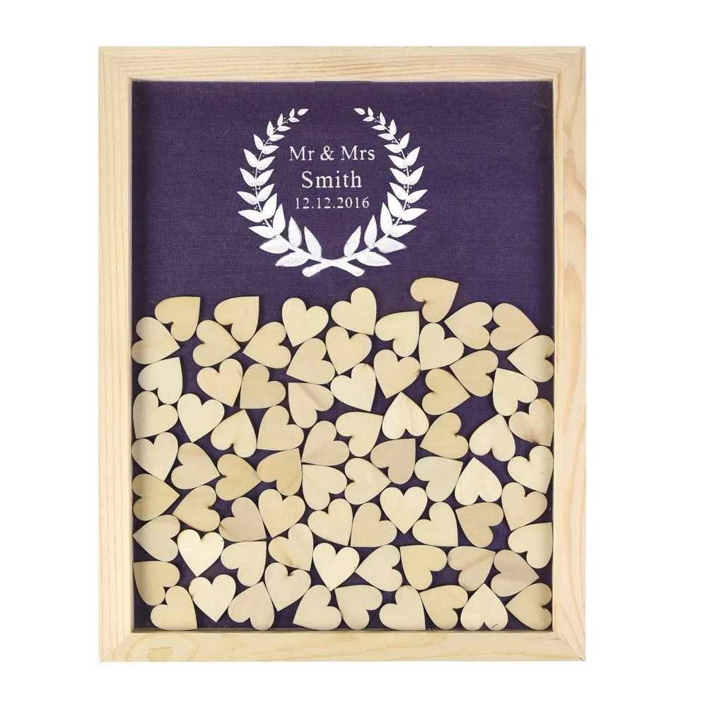 Выгравированная индивидуальная деревенская деревянная рамка для свадебной гостевой книги с оливковым листом, альтернатива, уникальный декор в виде сердец, 130 шт - Цвет: Purple