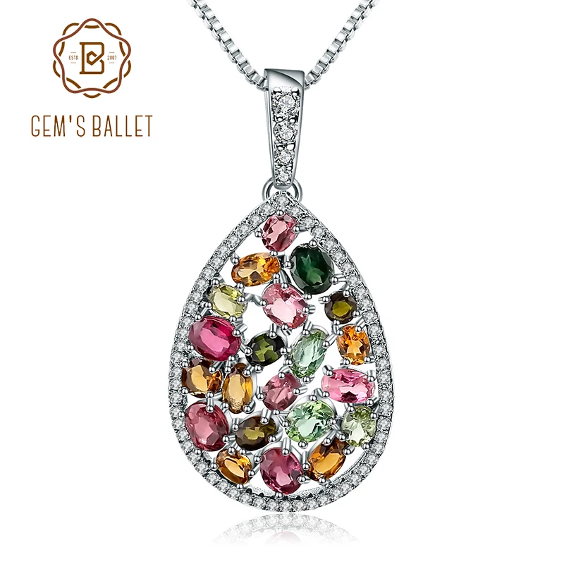 Gem's Ballet 5.57Ct Colorful Classic Natural Tourmaline Gemstone Necklaces 925 Sterling Silver pendants Fine Jewelry For Women