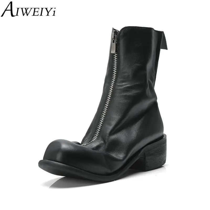 

AIWEIYi Round toe Thick Heel High Heels Black Booties Front Zipper Genuine Leather Ankle Boots Autumn Winter Martin Boots Botas