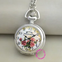 Цена покупателя хорошее качество серебряная эмаль изображение красочный цветок карманные часы ожерелье антихрупкие часы цепь