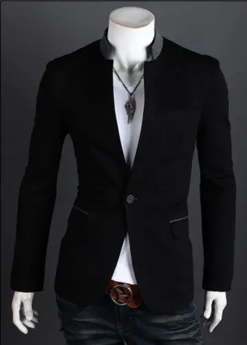 Брендовый мужской модный костюм, пиджак на одной пуговице, строгий блейзер с воротником-стойкой, приталенные куртки, верхняя одежда, 3 цвета - Цвет: Black