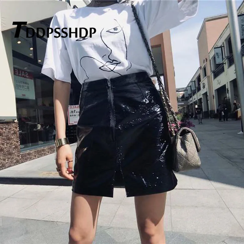 

Black Color Pu Leather Slit Women Skirt 2019 New High Waist Zipper Mini A Line Female Skirts