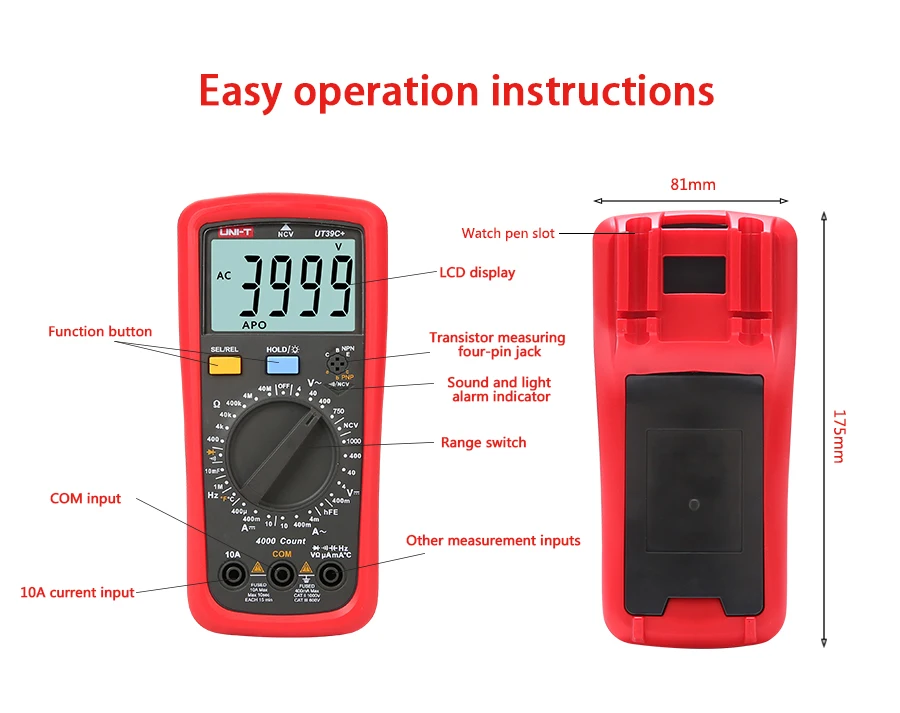 UNI-T UT39A+ UT39C+ цифровой мультиметр портативный Авто Диапазон тест er AC DC V/A Ом/температура/частота/HFE/NCV тест