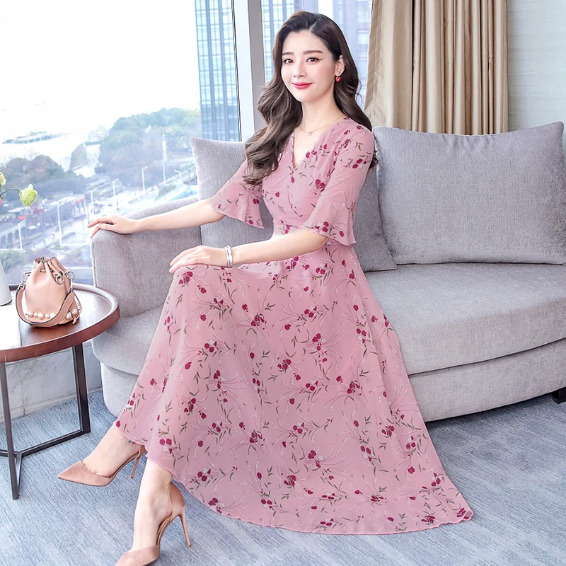 

2019 Summer ladies long chiffon dress print floral plus size 3XL women streetwear bohemian beach pink maxi dresses