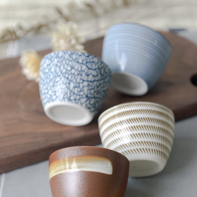 Set of 4pcs Japanese Style Tea Cups Ceramic Water Cups Creative Stripe Design Teaware Set kungfu Tea Tool 150ml